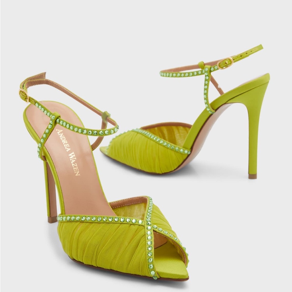 Andrea Wazen - apple green - Katy Crystal Tulle Ankle-Strap Pumps